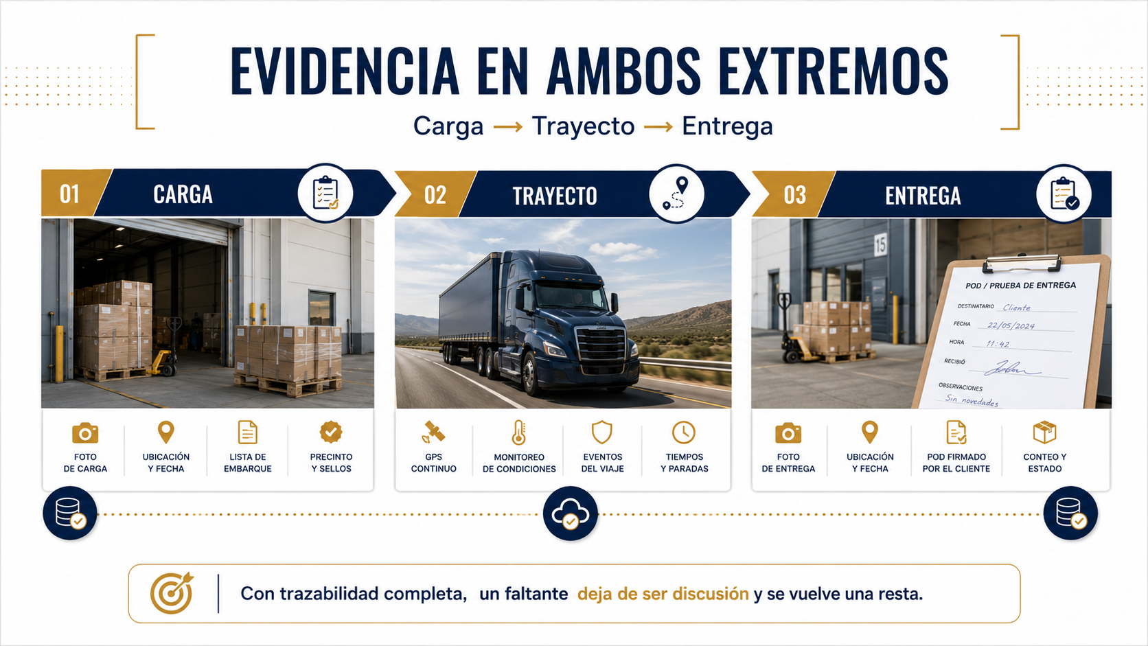 Infografía de trazabilidad en transporte: carga, trayecto y entrega con evidencia en ambos extremos