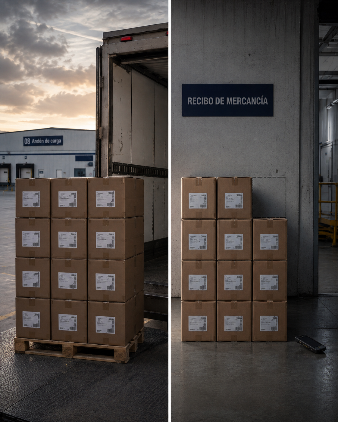 Comparación visual entre mercancía en el punto de carga y mercancía recibida en destino, con un faltante representado en recepción